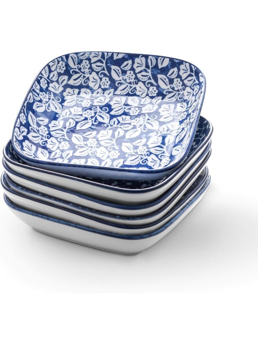 Vintage Blue Porcelain Dinner Plates & Salad Bowls Set of 6 - 8-Inch Square